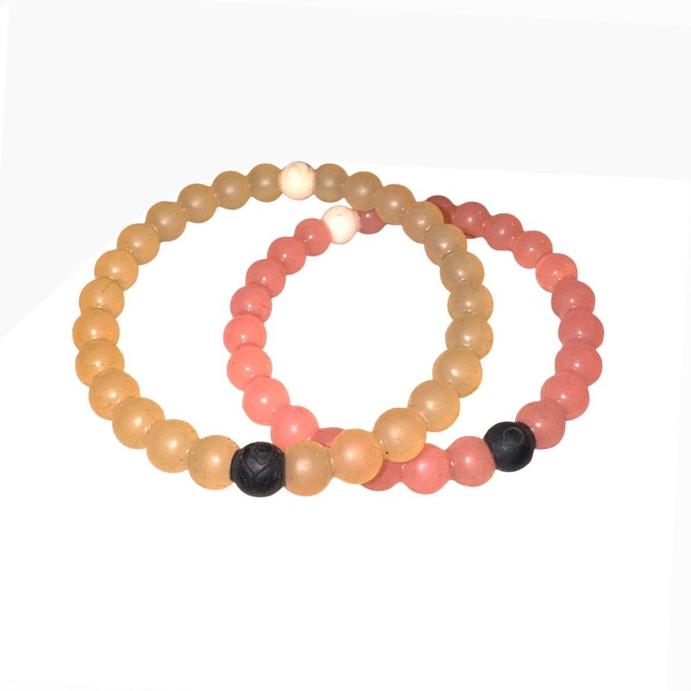Lokai Beaded Silicone Stretch Bracelet Set Pink Tan Matte Translucent 2 Pack